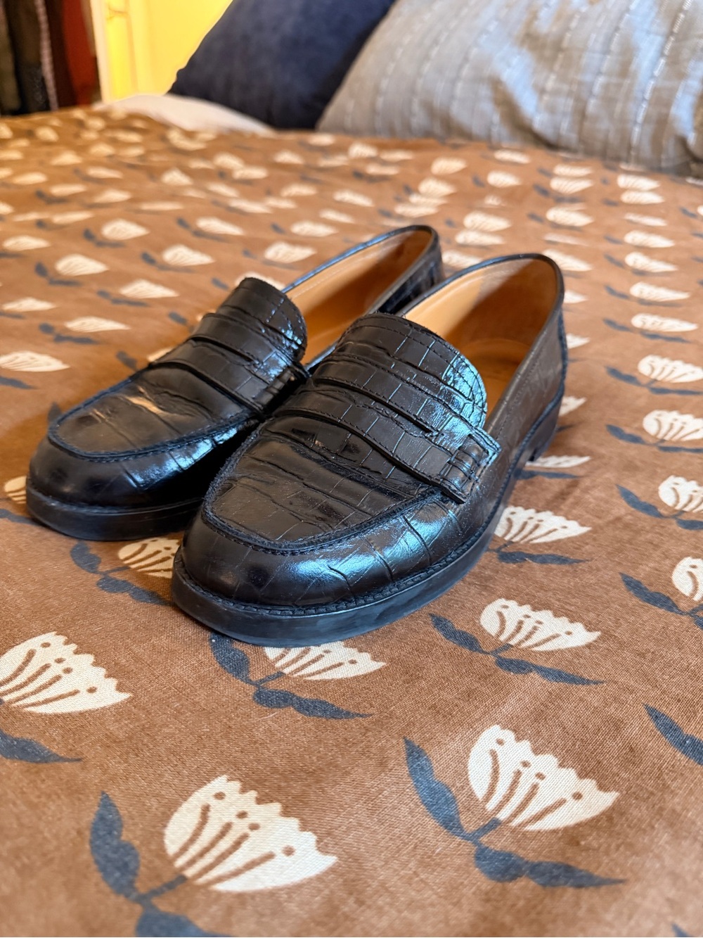 Sezane Black Croc-Embossed Penny Loafers